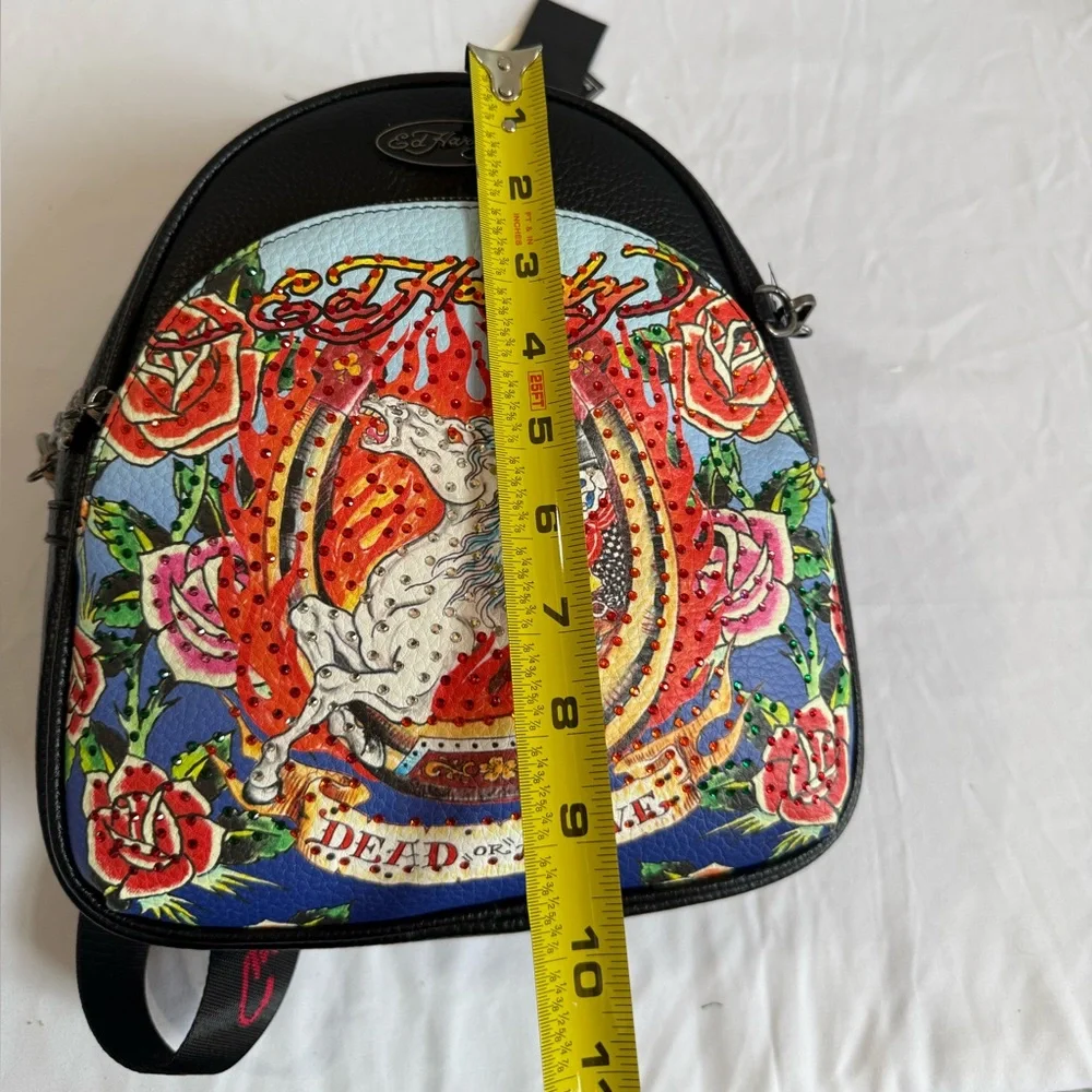 Ed Hardy Black Mini Backpack with Multicolor Graphic Roses - Picture 5 of 11